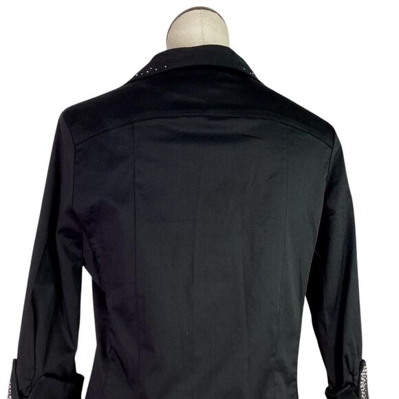 Christine Alexander Top Women M Black Stretch Rhinestone 3/4 Sleeve Button Shirt - Picture 6 of 7
